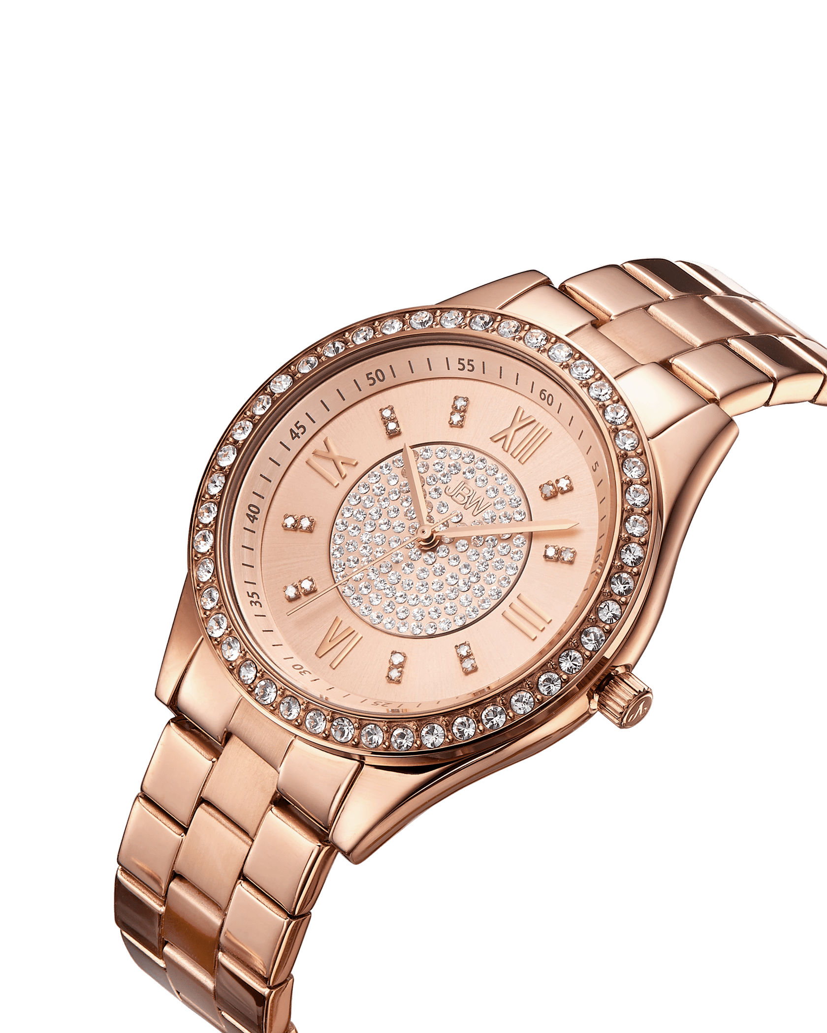 The JBW Mondrian | J6303C is an 18K rose gold-plated watch with a metal link band, round face, rhinestone bezel and dial, Roman numerals, and crystal hour markers—an elegant timepiece shown on a white background.
