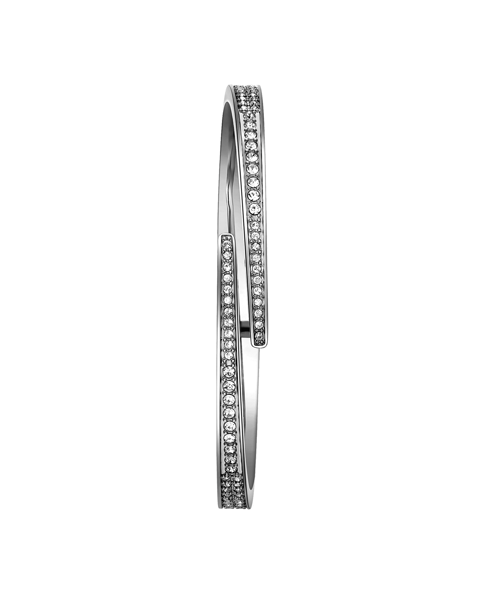 The JBW Cristal 28 | J6387-SetC is a sleek silver stainless steel bangle with two overlapping bands, each embellished with rows of sparkling Austrian crystals, shown against a plain white background.