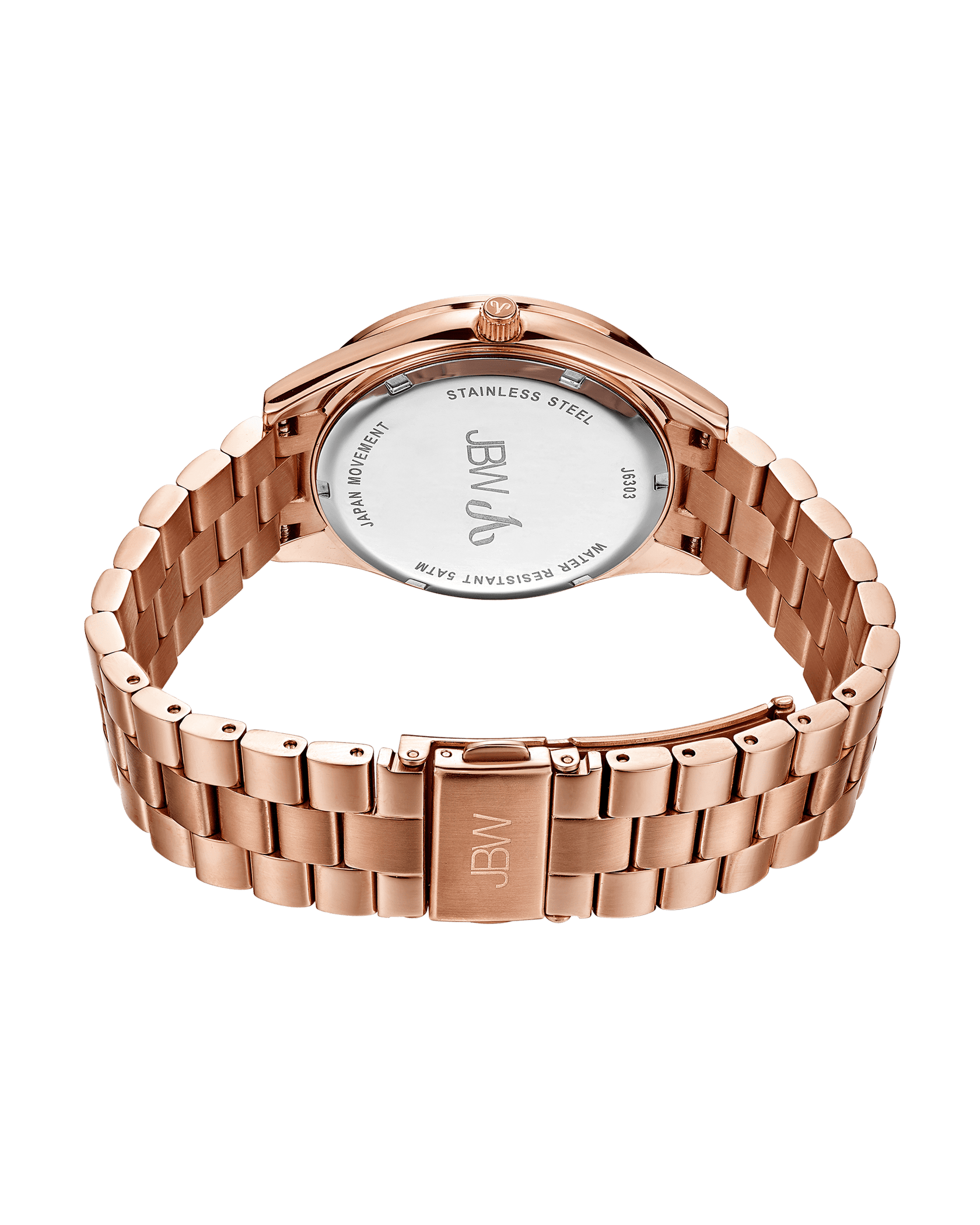 A rose gold stainless steel JBW Mondrian | J6303C wristwatch shown from the back, featuring an 18K rose gold-plated metal link band, a JBW-engraved clasp, and an engraved caseback with model and material details.