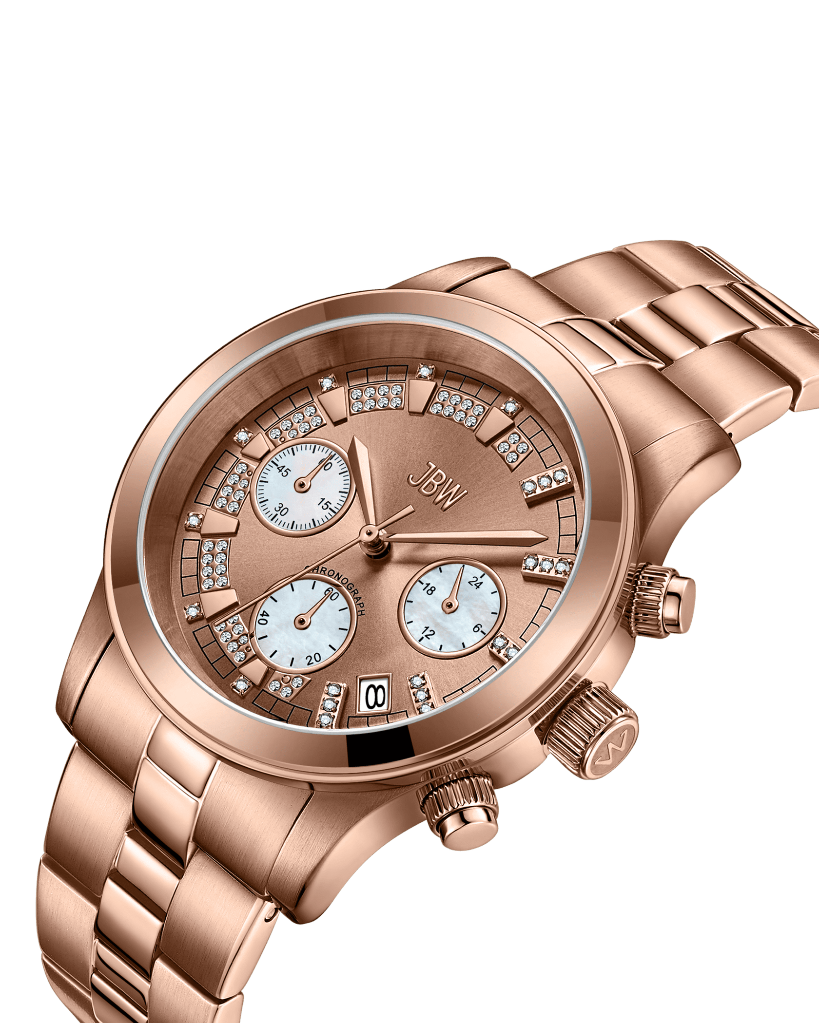 The JBW Muse JB-6217-L is a rose gold chronograph watch with diamond accents, a link bracelet, three subdials, and a date window, displayed at an angle on a white background.