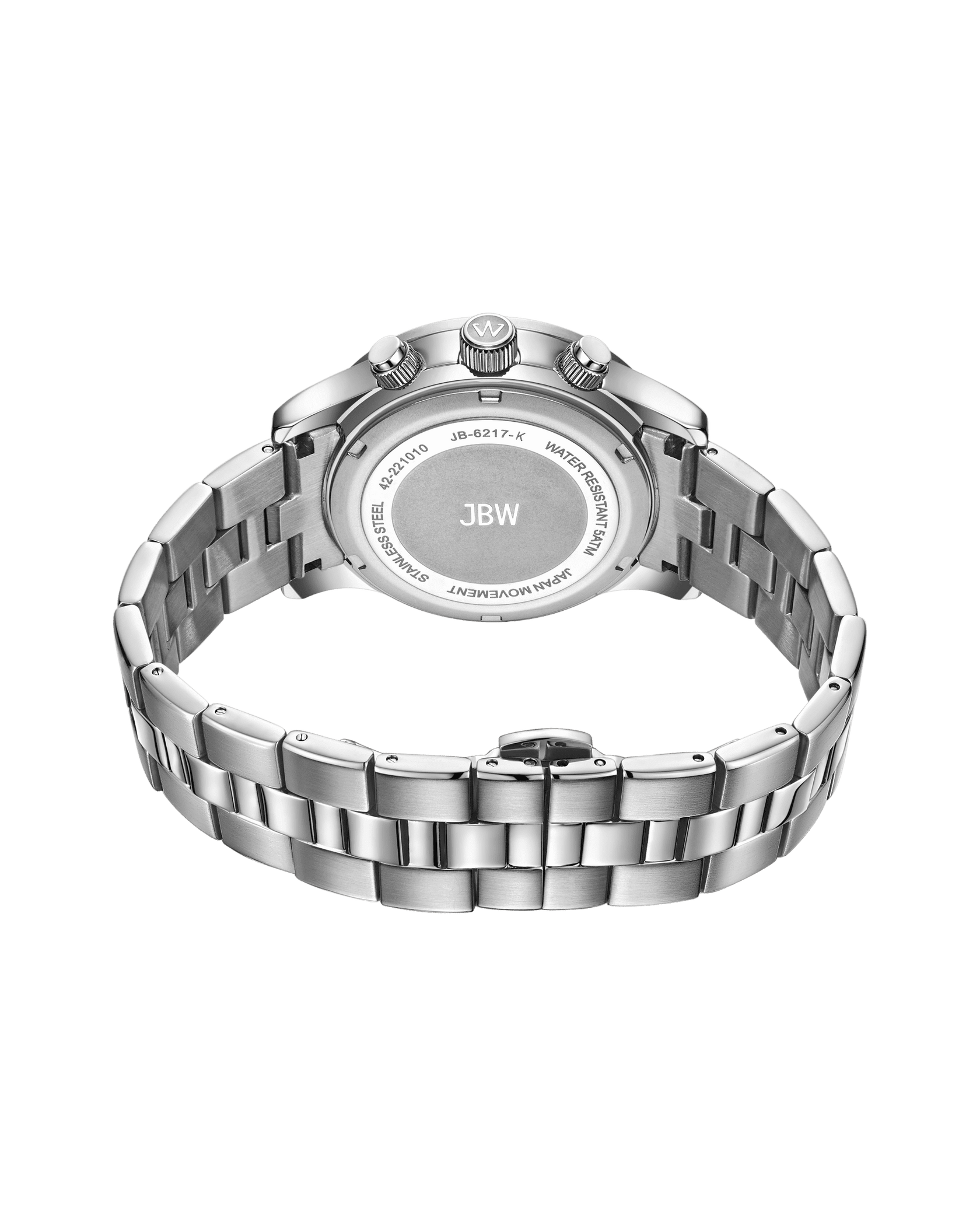 A silver stainless steel wristwatch, Muse | JB-6217-K by JBW, is shown from the back, highlighting its stainless steel bracelet and engraved case with the brand name JBW and model details.