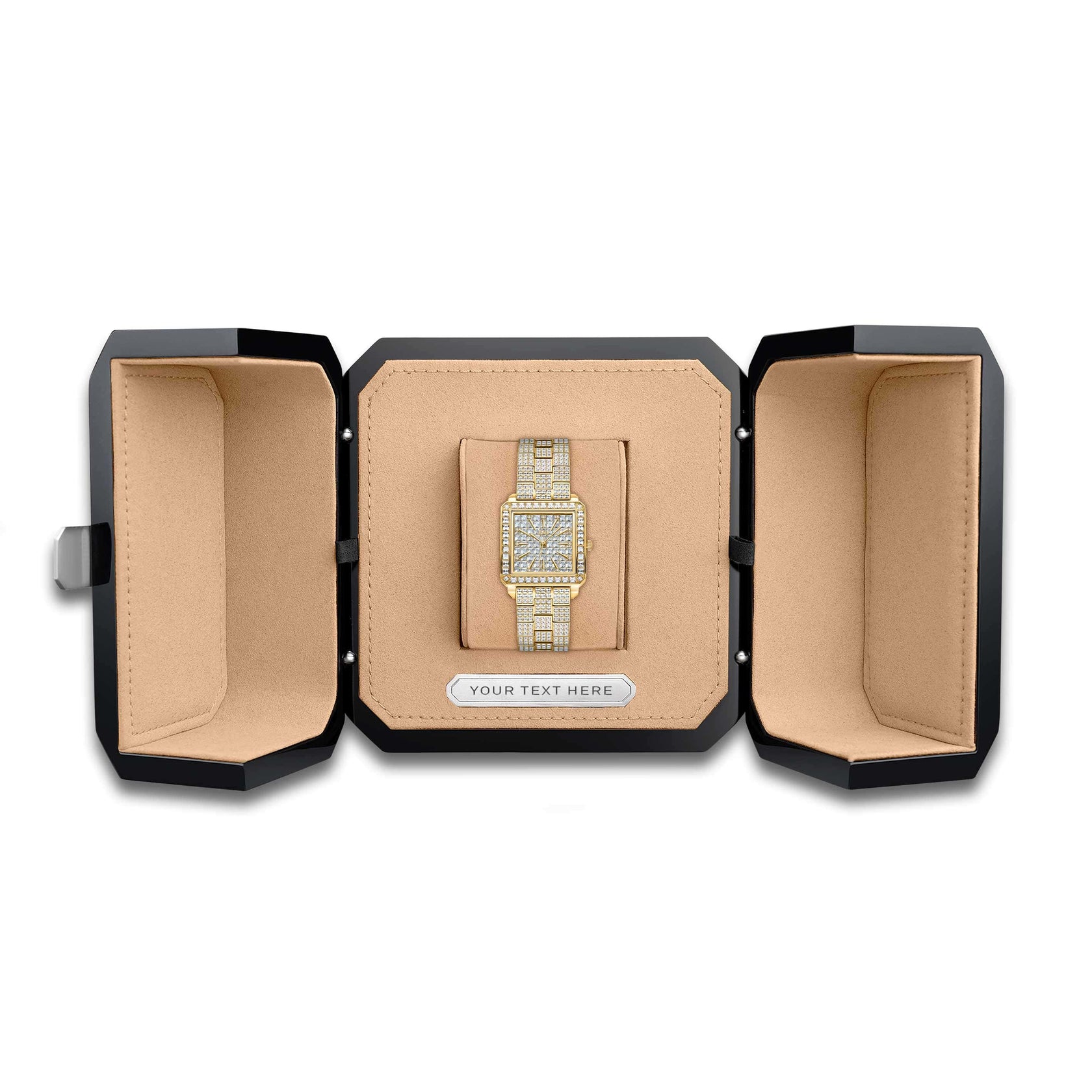 A JBW Watches wristwatch with gold, silver, and diamond accents is presented in the Complimentary Premium Storage Box—an open black box lined with beige velvet and space below for your custom message.