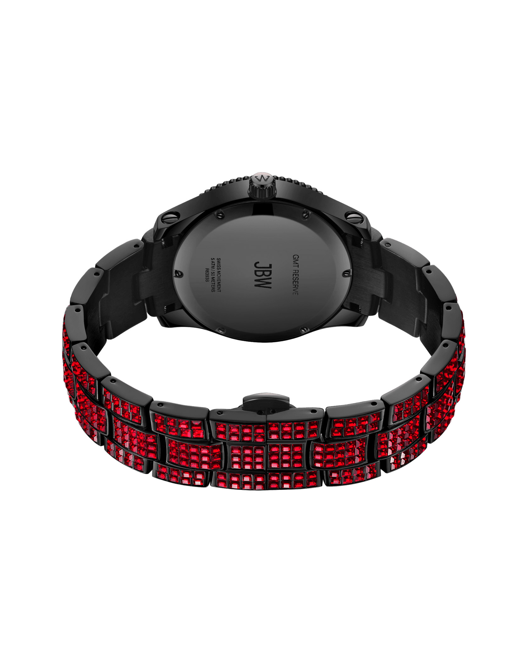 The JBW Watches RESERVE Jet Setter GMT Ruby | R6393B is a black limited edition watch with an engraved caseback and a metal bracelet featuring square red gemstones, displayed with its back facing forward on a white background.