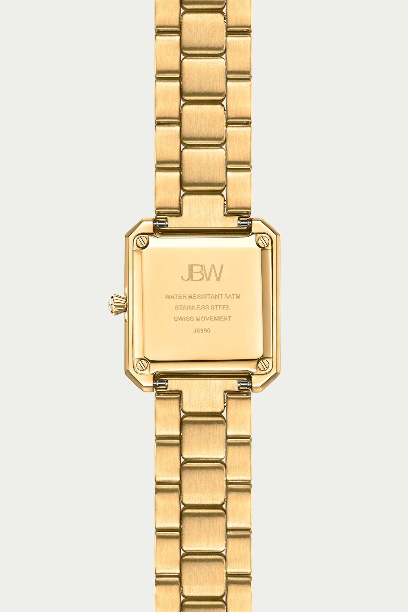 The JBW Watches Arc Double (Sample Sale) | J6390C-GA features a gold square case and metal link band, with back engravings noting water resistance, stainless steel, and Swiss movement—an elegant addition to any watch collection.