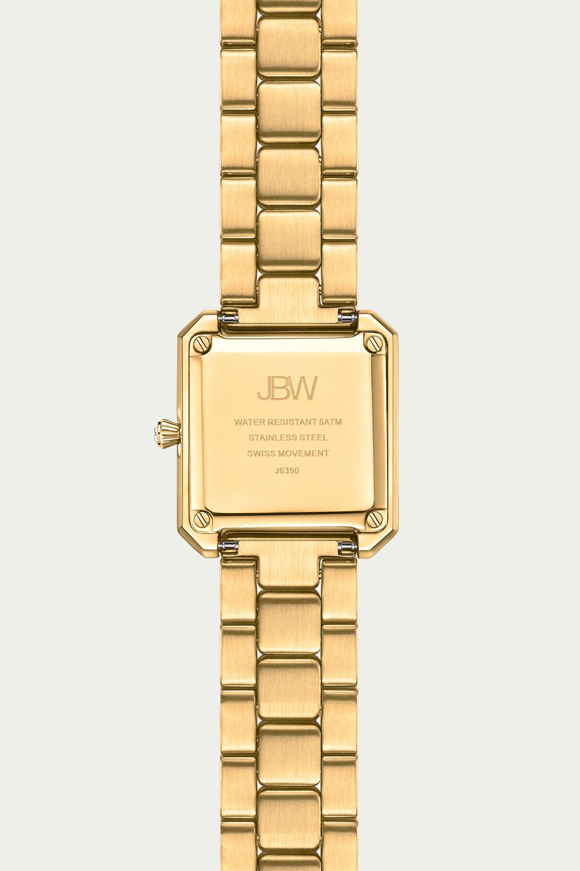 The JBW Watches Arc Double (Sample Sale) | J6390C-GA features a gold square case and metal link band, with back engravings noting water resistance, stainless steel, and Swiss movement—an elegant addition to any watch collection.