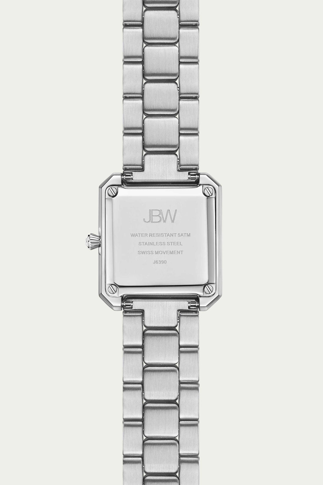 A close-up of the back of the JBW Watches Arc Single | J6390B-GA (Grade A) luxury women’s watch with a stainless steel band, showing engraved water resistance and Swiss movement details—where style meets sophistication.