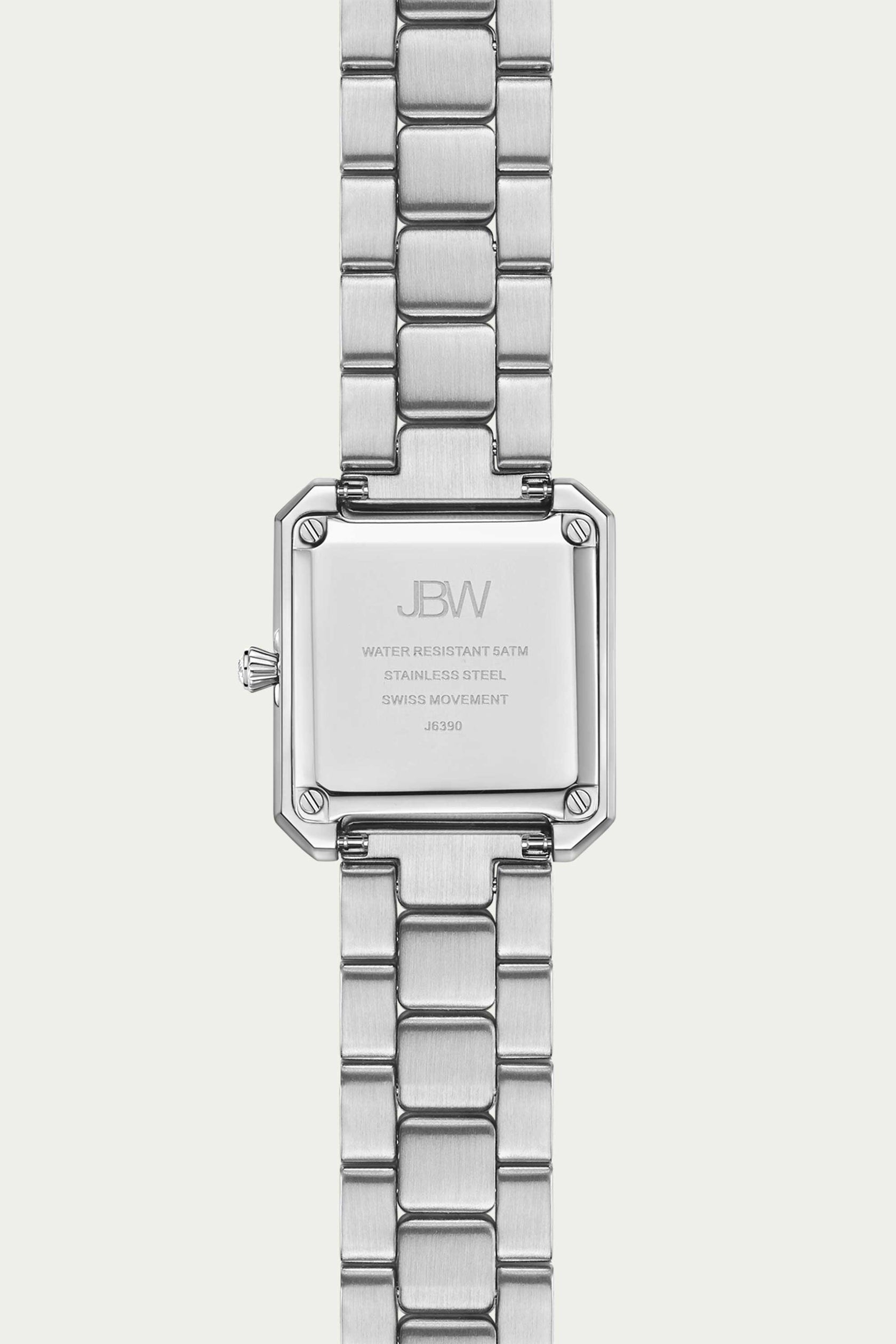 A close-up of the back of the JBW Watches Arc Single | J6390B-GA (Grade A) luxury women’s watch with a stainless steel band, showing engraved water resistance and Swiss movement details—where style meets sophistication.