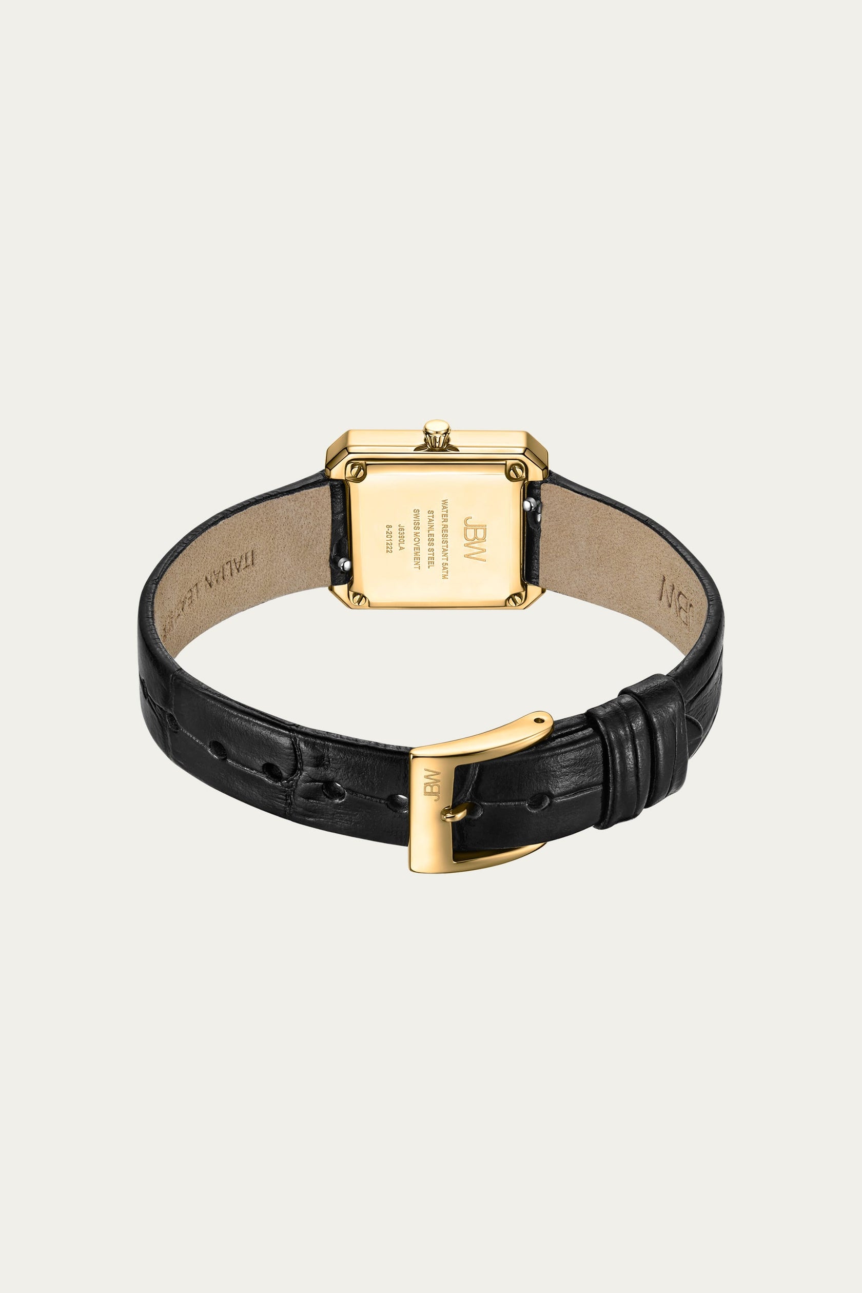 The JBW Watches Arc Leather | J6390LA is a rectangular gold unisex watch with a black leather band and gold buckle, displayed from the back to highlight the engraved case and stitched leather details.