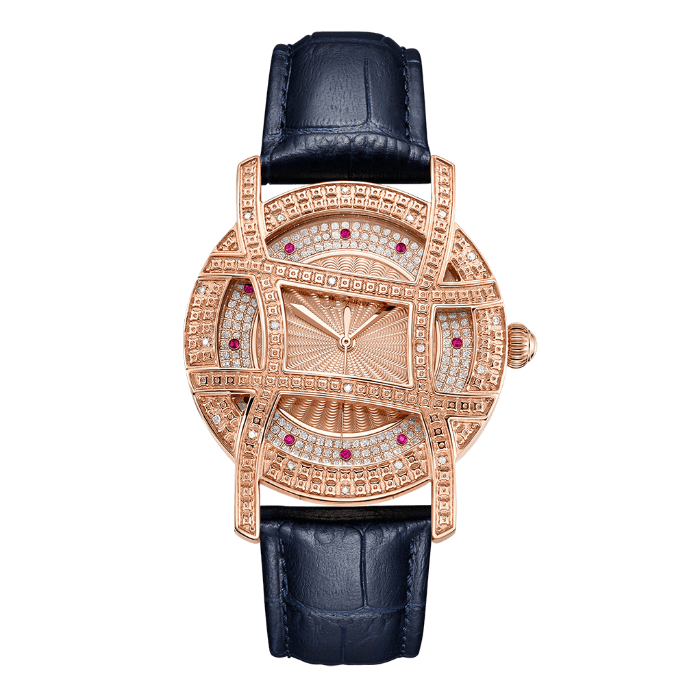 The Olympia | J6377B-SC by JBW Watches is a luxury timepiece featuring a gold, diamond crystal cage and grid pattern, red gem dial accents, dark blue leather strap, three gold hands, and Austrian crystals for intricate detail.