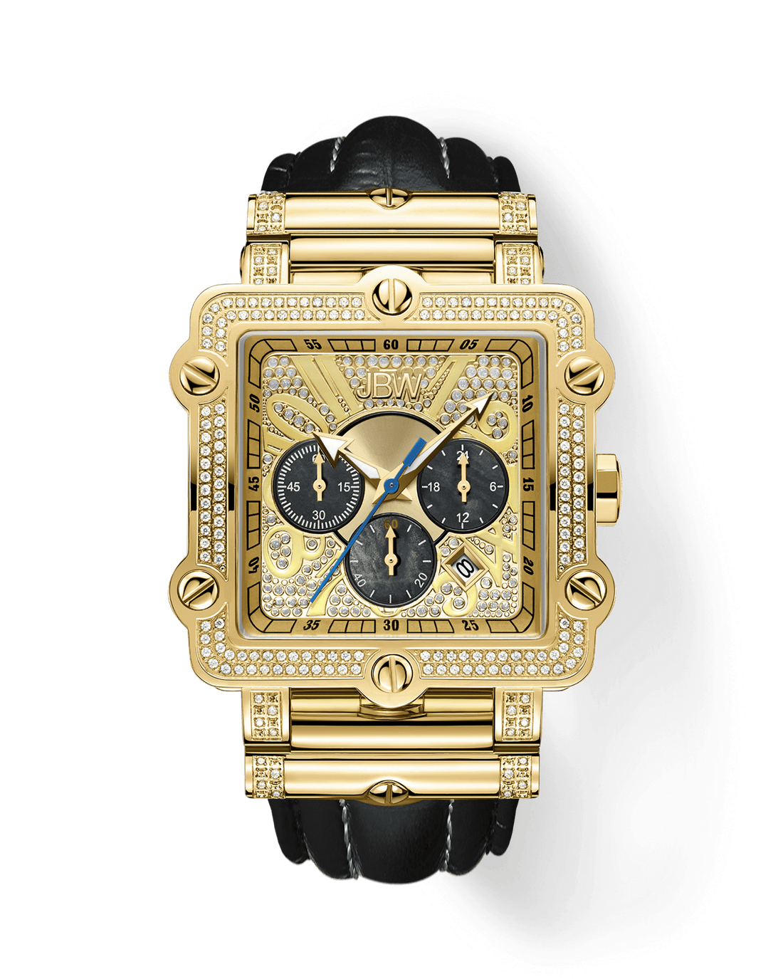 The JBW Phantom | JB-6215-238-G is a gold square diamond chronograph wristwatch featuring a diamond-encrusted bezel, crocodile-embossed leather band, three black subdials, gold detailing, and the JBW logo on the face.