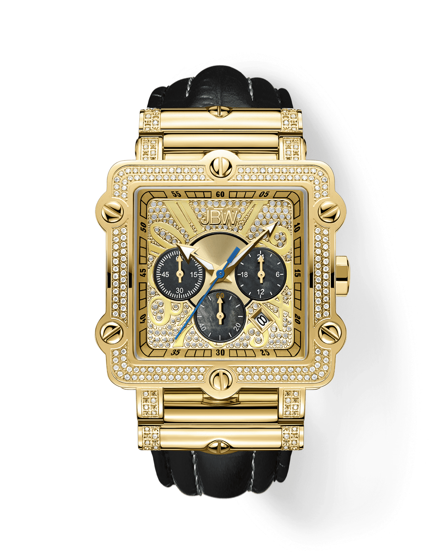The JBW Phantom | JB-6215-238-G is a gold square diamond chronograph wristwatch featuring a diamond-encrusted bezel, crocodile-embossed leather band, three black subdials, gold detailing, and the JBW logo on the face.
