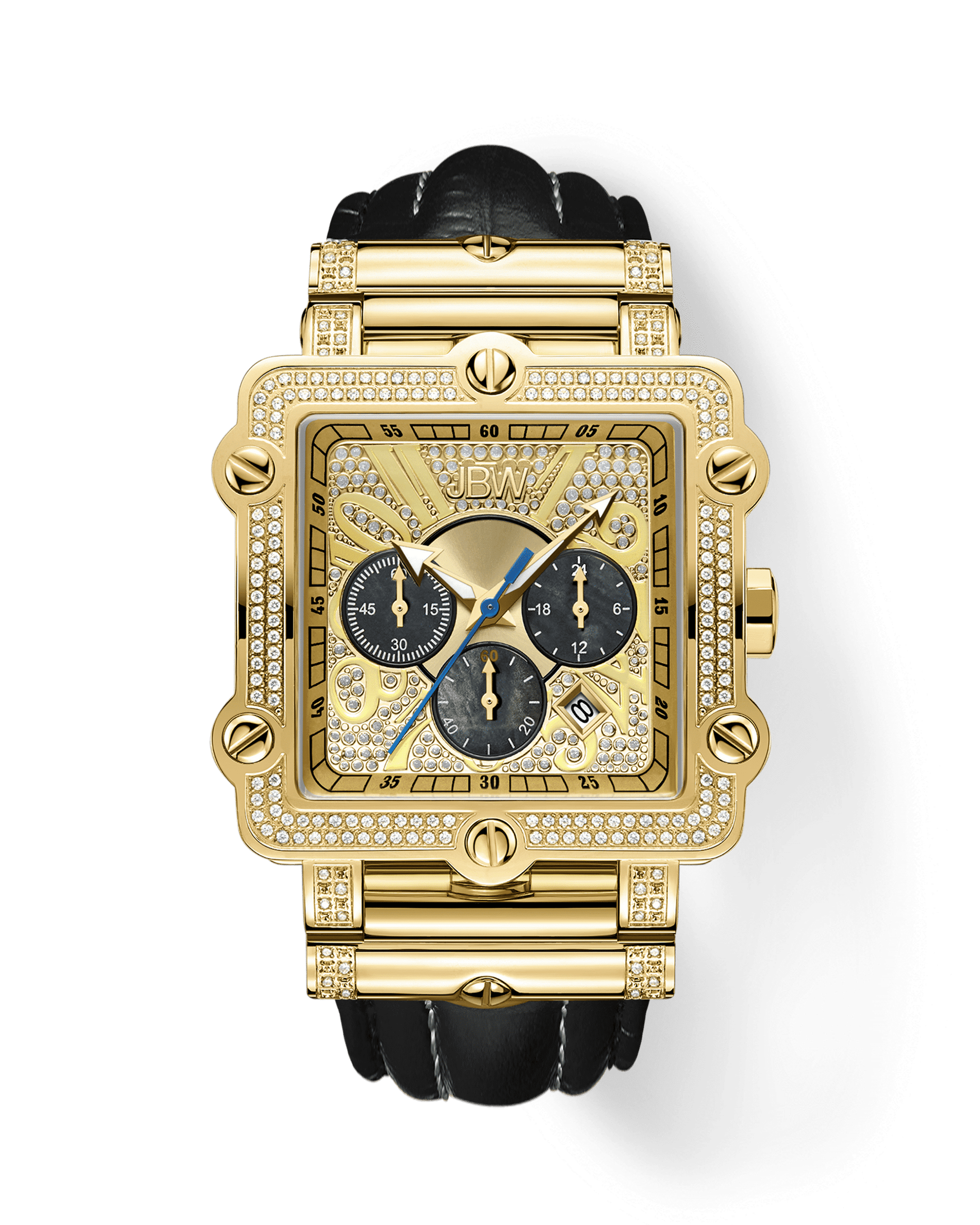 The JBW Phantom | JB-6215-238-G is a gold square diamond chronograph wristwatch featuring a diamond-encrusted bezel, crocodile-embossed leather band, three black subdials, gold detailing, and the JBW logo on the face.