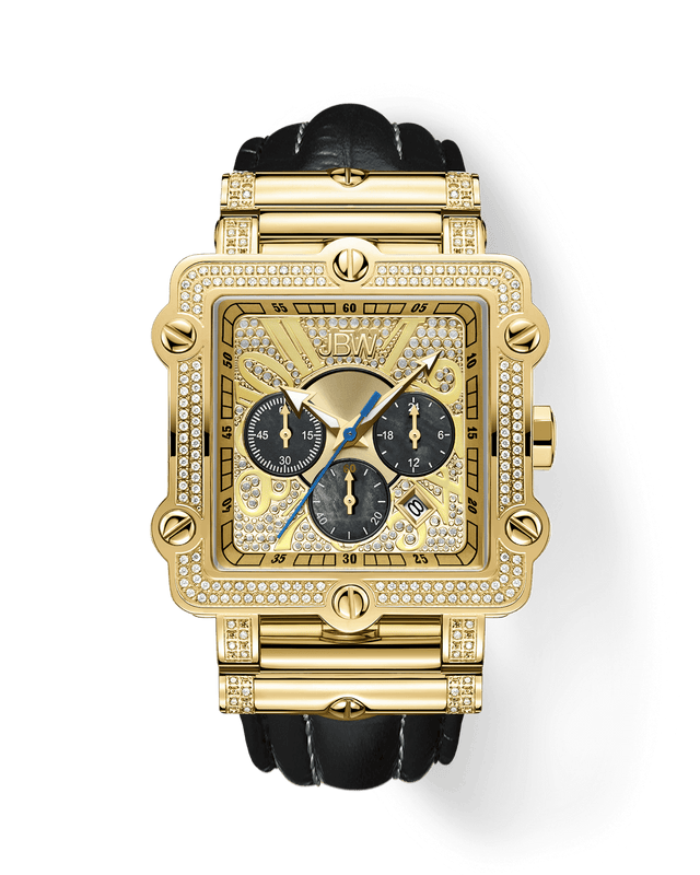 The JBW Phantom | JB-6215-238-G is a gold square diamond chronograph wristwatch featuring a diamond-encrusted bezel, crocodile-embossed leather band, three black subdials, gold detailing, and the JBW logo on the face.