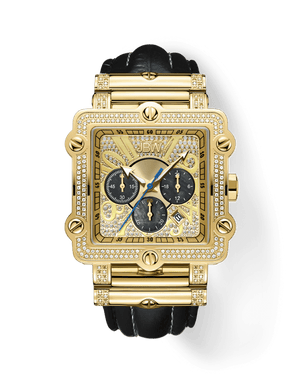 The JBW Phantom | JB-6215-238-G is a gold square diamond chronograph wristwatch featuring a diamond-encrusted bezel, crocodile-embossed leather band, three black subdials, gold detailing, and the JBW logo on the face.