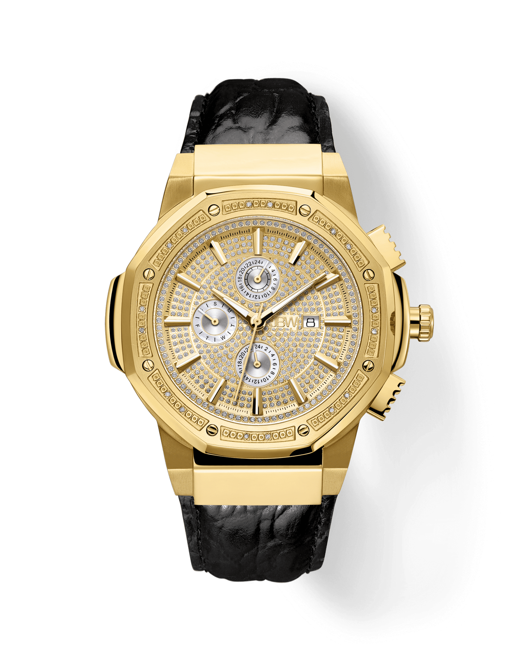 Celebrate the Saxon 10 Year Anniversary with the JBW Saxon 10 YR | JB-6101L-10A: a gold watch with textured face, three subdials, date display, crystal accents, genuine leather strap, and detailed bezel.