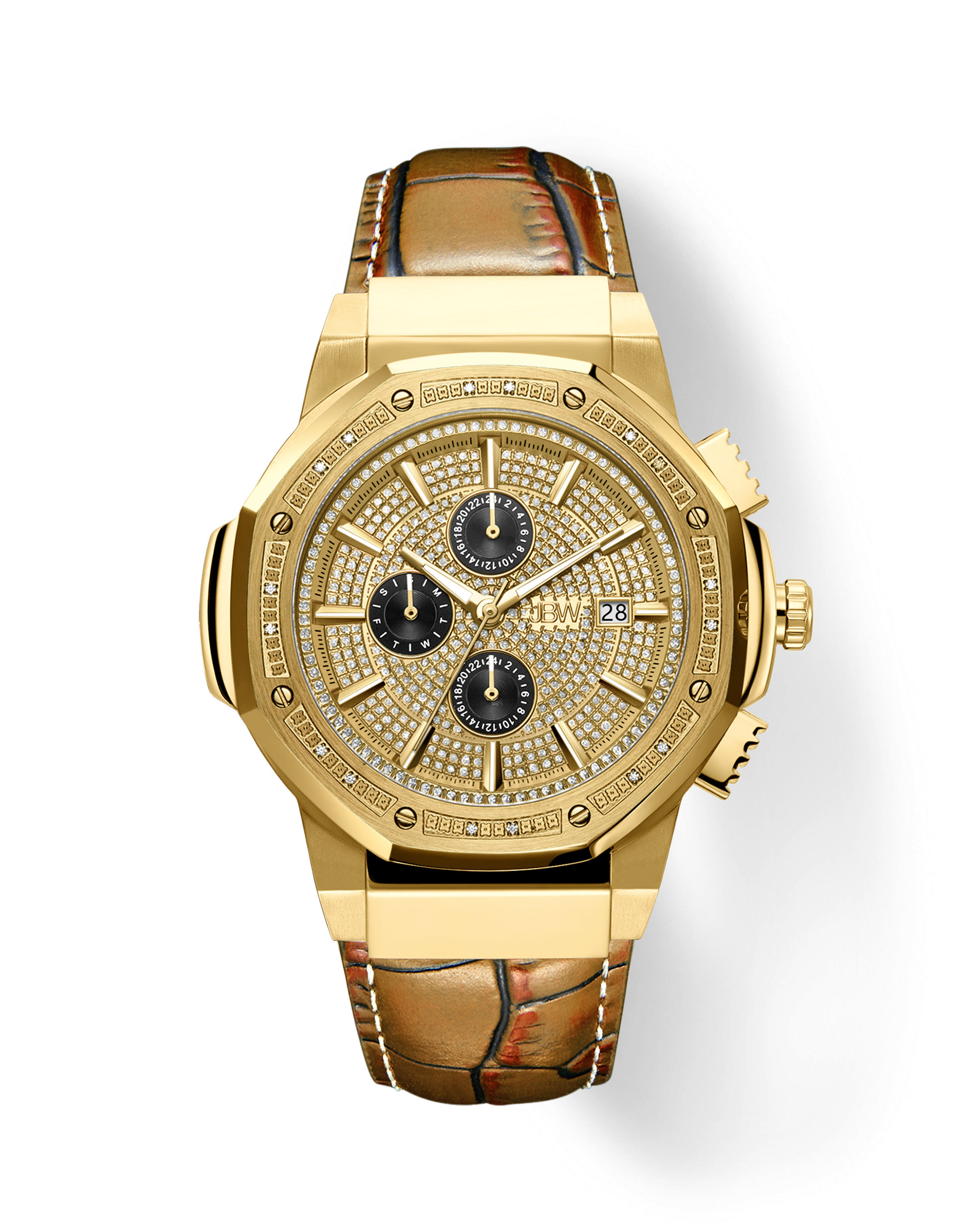 The Saxon 10 YR | JB-6101L-10D by JBW Watches features a gold case, brown crocodile leather strap, diamond-encrusted face, three black multifunction subdials with Japanese movement, and a date window, displayed on a white background.