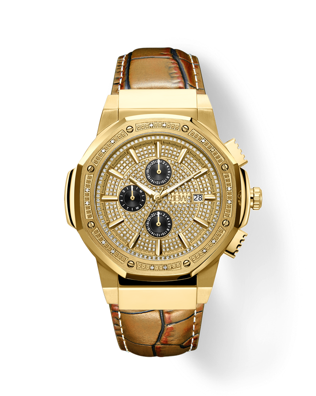 The Saxon 10 YR | JB-6101L-10D by JBW Watches features a gold case, brown crocodile leather strap, diamond-encrusted face, three black multifunction subdials with Japanese movement, and a date window, displayed on a white background.