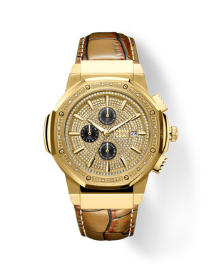 The Saxon 10 YR | JB-6101L-10D by JBW Watches features a gold case, brown crocodile leather strap, diamond-encrusted face, three black multifunction subdials with Japanese movement, and a date window, displayed on a white background.