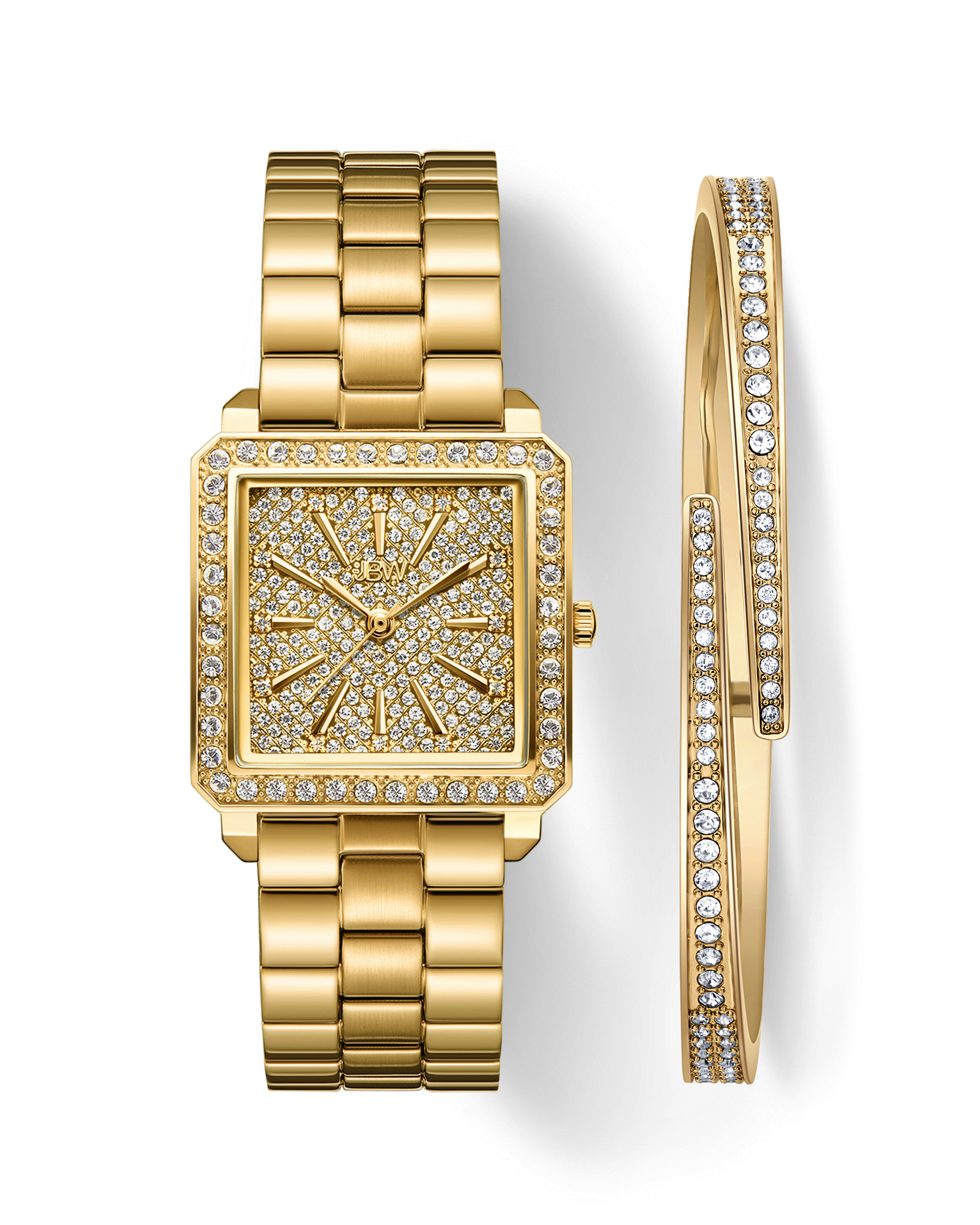 The JBW Cristal 28 | J6387-SetA set features a gold square-faced diamond watch and matching gold-plated bangle, both embellished with rows of Austrian crystals, displayed together on a light background.