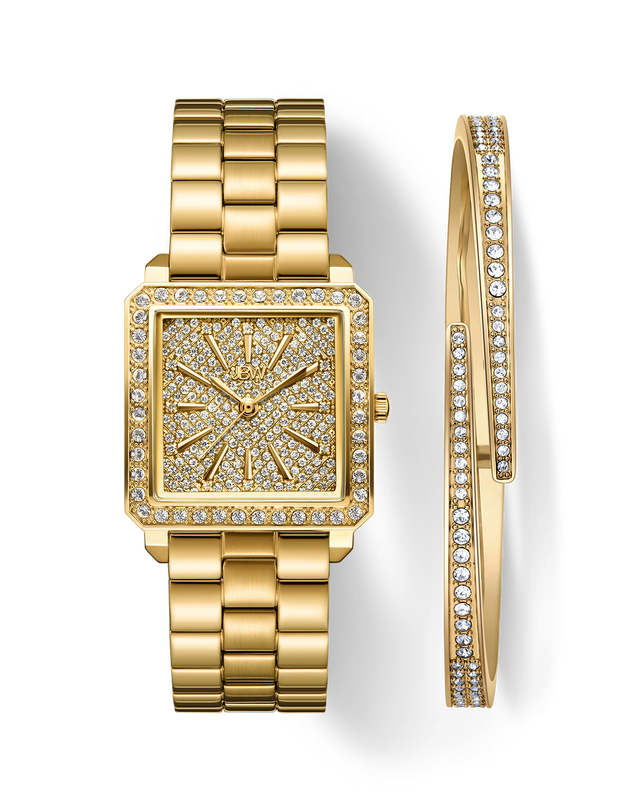The JBW Cristal 28 | J6387-SetA set features a gold square-faced diamond watch and matching gold-plated bangle, both embellished with rows of Austrian crystals, displayed together on a light background.