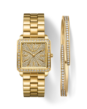 The JBW Cristal 28 | J6387-SetA set features a gold square-faced diamond watch and matching gold-plated bangle, both embellished with rows of Austrian crystals, displayed together on a light background.
