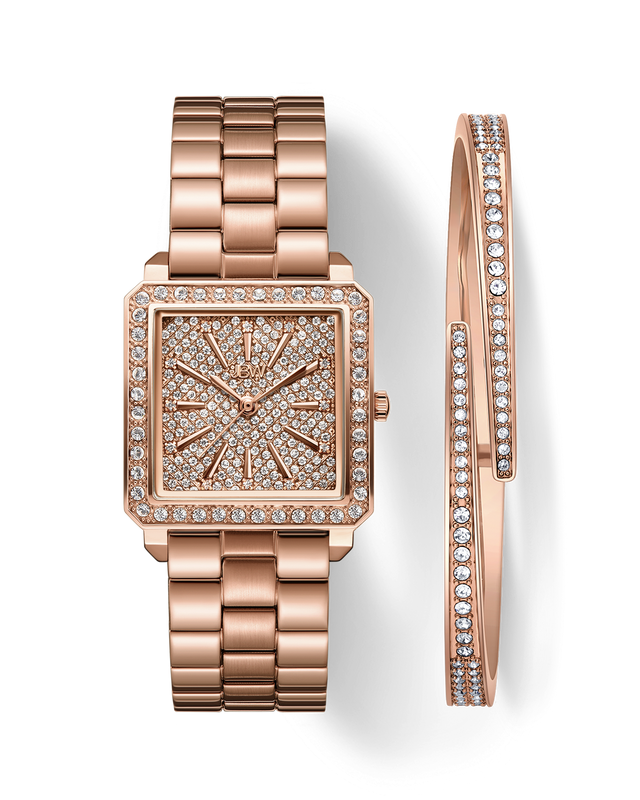 The JBW Cristal 28 | J6387-SetB features a rose gold diamond square watch with Austrian crystals and a matching crystal-adorned bangle, both elegantly displayed on a white background.