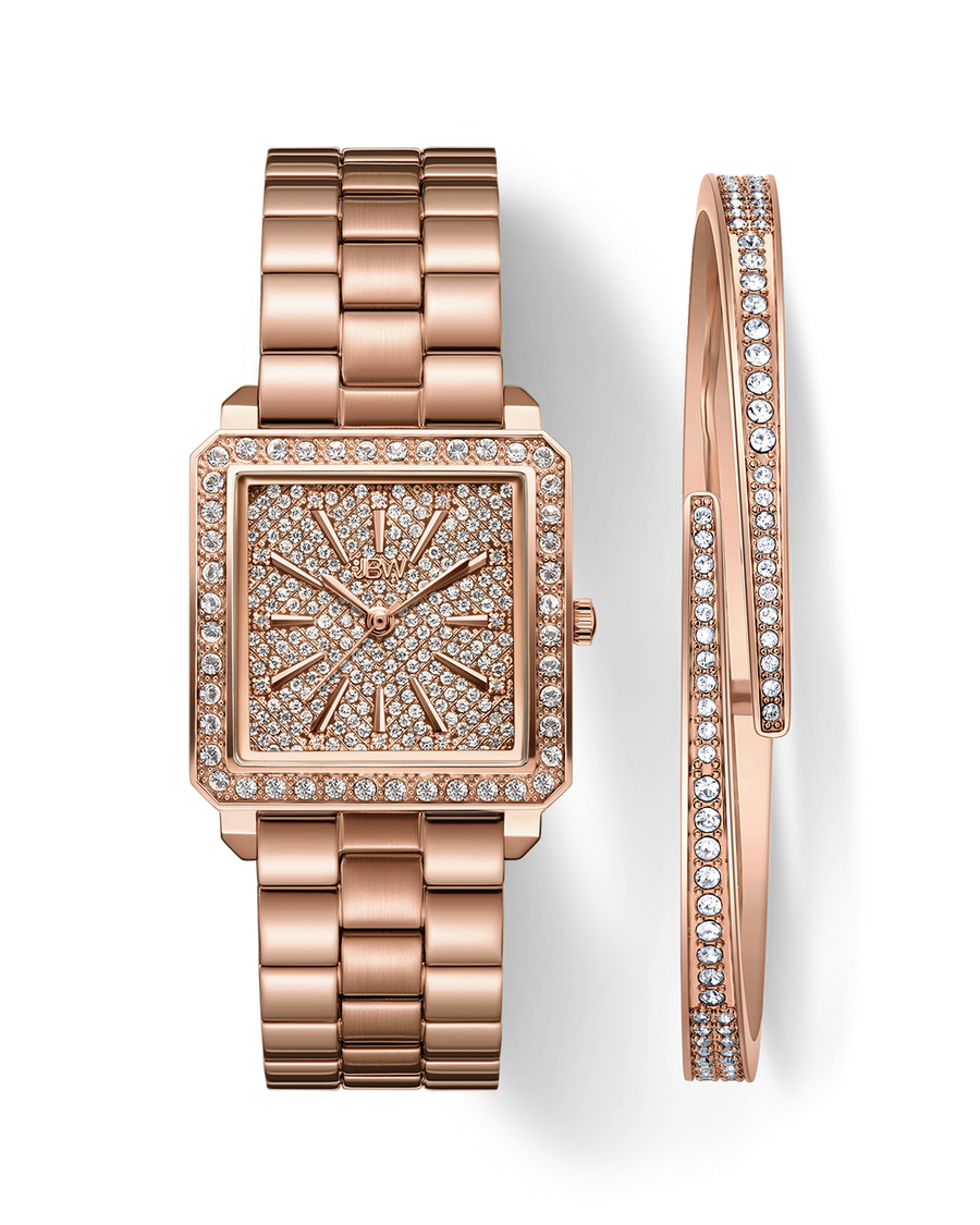 The JBW Cristal 28 | J6387-SetB features a rose gold diamond square watch with Austrian crystals and a matching crystal-adorned bangle, both elegantly displayed on a white background.