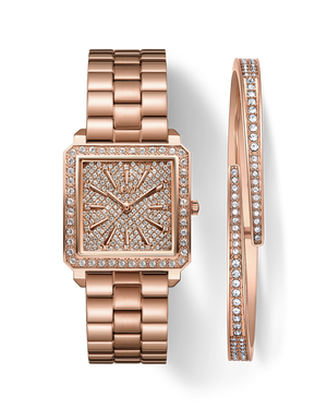 The JBW Cristal 28 | J6387-SetB features a rose gold diamond square watch with Austrian crystals and a matching crystal-adorned bangle, both elegantly displayed on a white background.