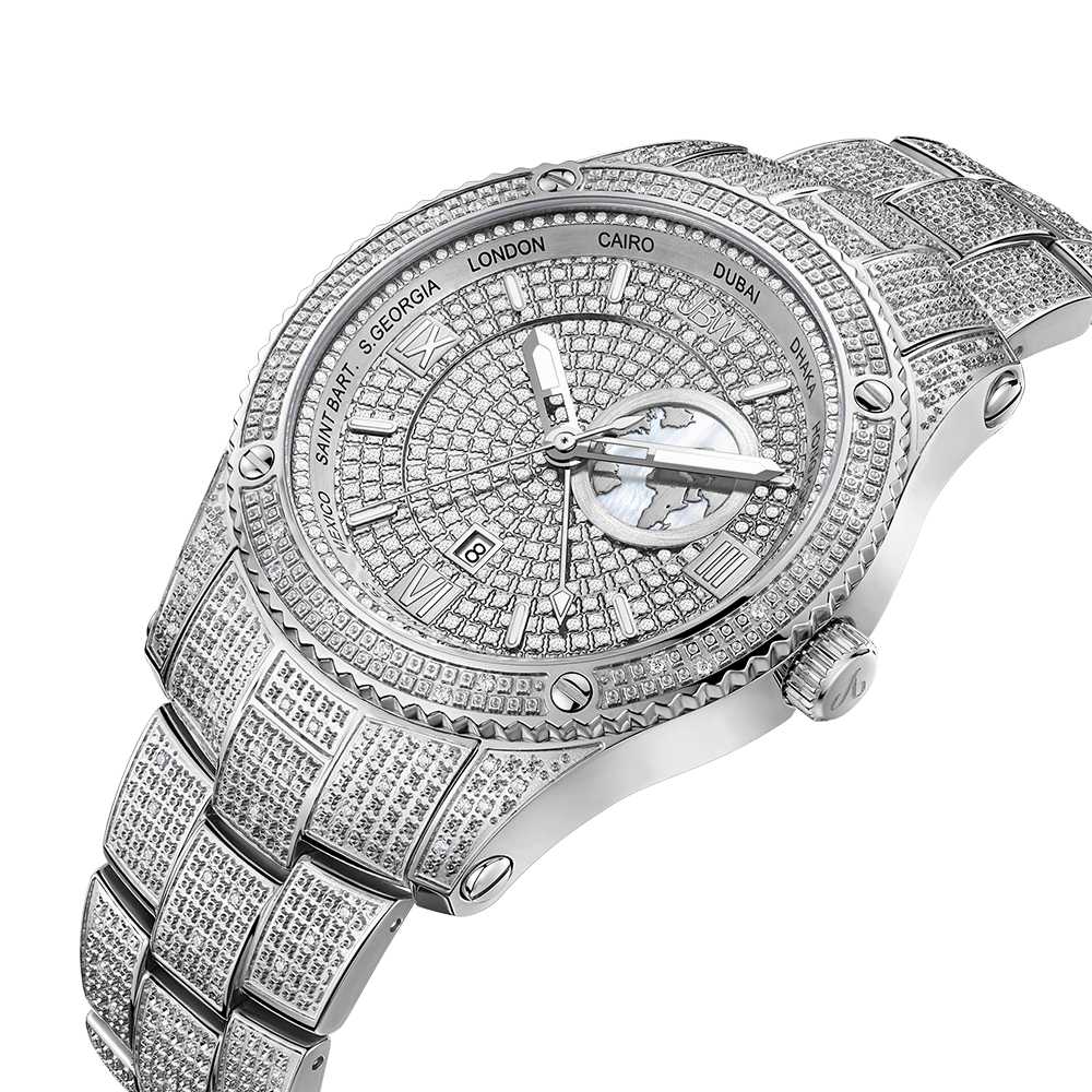 The JBW Jet Setter GMT | J6370B is a luxury silver wristwatch encrusted with genuine diamonds on the face, bezel, and band, featuring a world time display with city names, dual time zones, and a date window.