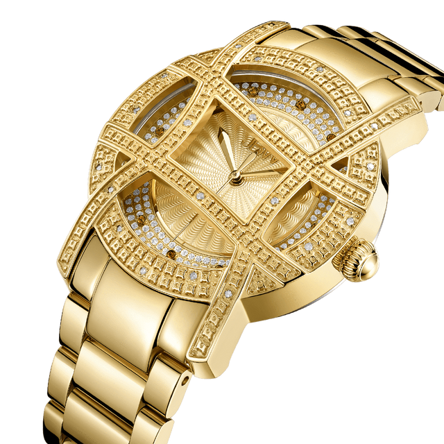 The JBW Olympia 10 YR (JB-6214-10B) is a gold watch with a diamond-studded geometric face and bezel, metal link bracelet, and anniversary edition design, shown on a plain white background.