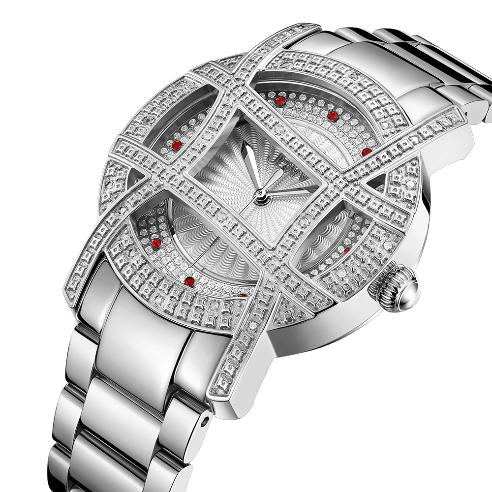 The JBW Watches Olympia 10 YR | JB-6214-10C is a luxurious silver wristwatch with an intricate diamond crystal cage face, unique grid design, and red gemstone accents around the dial, shown on a white background.