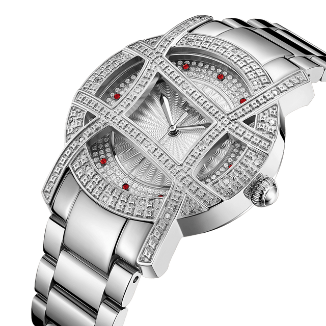 The JBW Watches Olympia 10 YR | JB-6214-10C is a luxury silver wristwatch with diamonds and red gemstones in a geometric design, elegantly showcased against a plain white background.