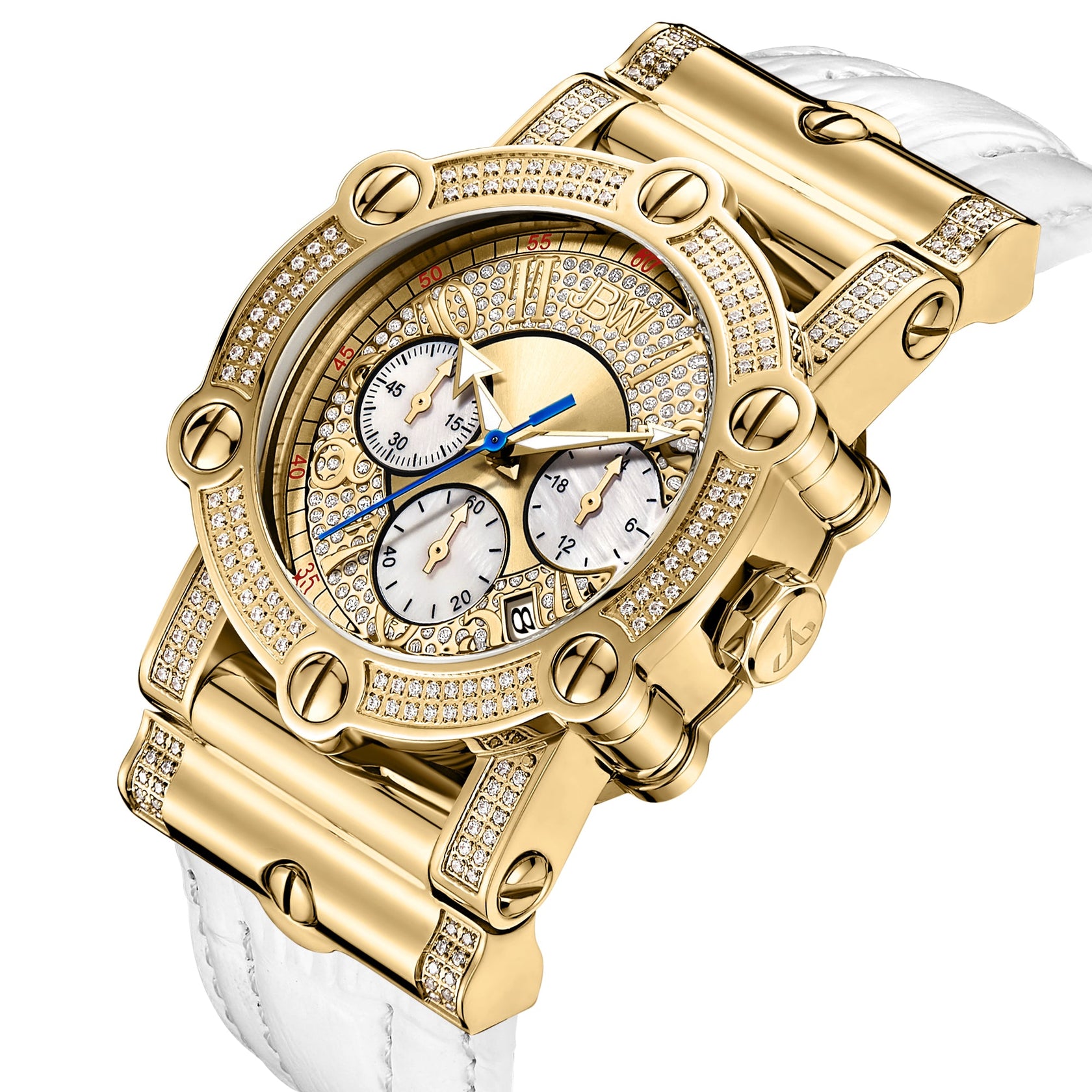 The Phantom | JB-6215-196-A by JBW Watches is a luxurious gold wristwatch with a white leather band, diamond accents, detailed face, gold hour markers, blue hands, and multiple subdials for an elegant look.