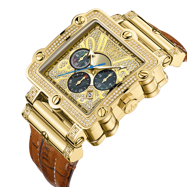 The JBW Phantom | JB-6215-238-A features a gold square case, brown leather band, diamond chronograph accents, three subdials, an intricate gold skeleton design, a date display, and Roman numerals on the bezel.