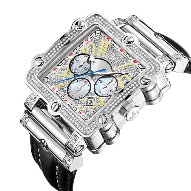 The JBW Phantom | JB-6215-238-B is a silver square-faced watch featuring a diamond-encrusted bezel, leather strap, diamond chronograph dials, and gold accents on the face, shown against a plain white background.