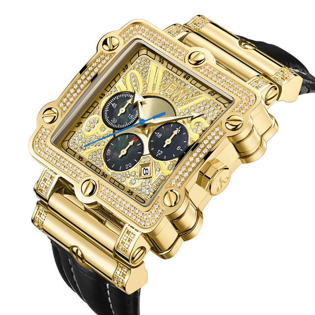 The JBW Phantom | JB-6215-238-G is a gold square diamond chronograph wristwatch featuring a diamond-encrusted bezel, crocodile-embossed leather band, three black subdials, gold detailing, and the JBW logo on the face.