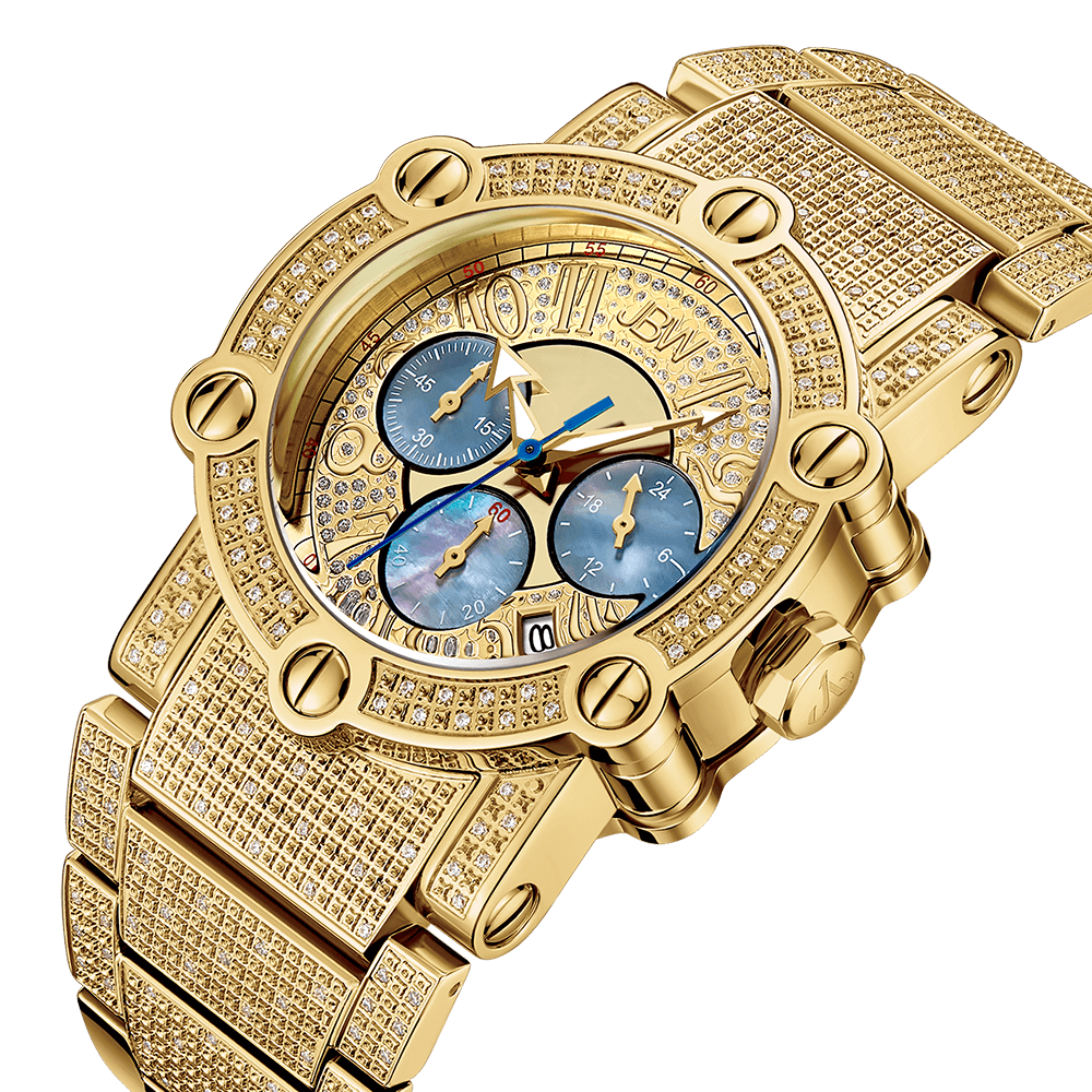 The JBW Phantom Metal | JB-6215-200-A is a diamond watch with a textured gold band, three blue subdials on an ornate gold face, and a gold case, elegantly displayed at an angle on a white background.