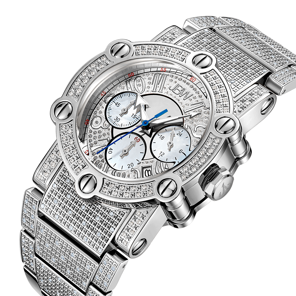 The JBW Phantom Metal | JB-6215-200-B is a luxury diamond watch with a detailed patterned dial featuring three subdials, blue and silver hands, and a stainless steel bracelet encrusted with sparkling diamonds.