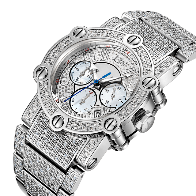 The JBW Phantom Metal | JB-6215-200-B is a luxury diamond watch with a silver case, clear gemstones, three subdials, red and black markers, blue and silver hands, and a stainless steel bracelet.