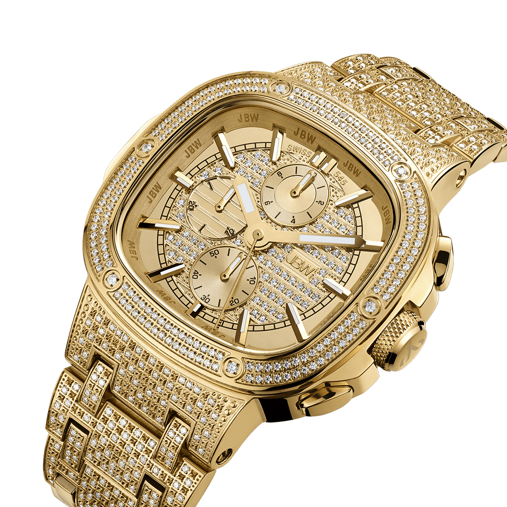 The JBW Watches Heist PS | PS545A is a gold-plated stainless steel watch adorned with diamonds on the band, bezel, and face, featuring multiple subdials and bold hour markers, showcased against a plain white background.