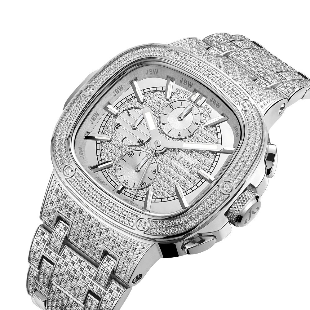 The Heist PS | PS545B by JBW Watches is a Swiss chronograph with a diamond bezel, rectangular face, three subdials, and a stainless steel bracelet, showcased on a white background.