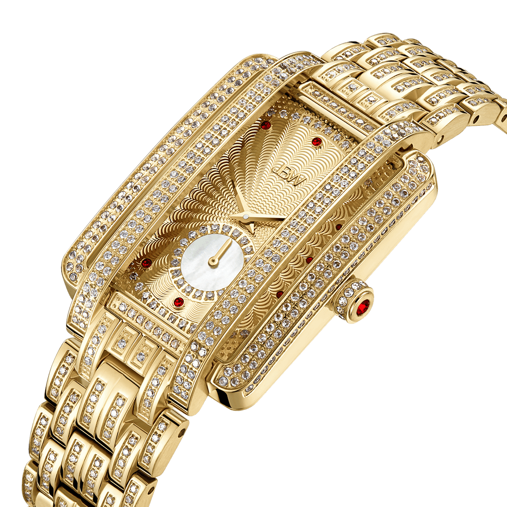 The JBW Watches Mink PS | PS505A is an 18K gold-plated watch with sparkling diamonds, red gem accents, a textured face, white circular dial, and a matching gold bracelet for a luxurious look.