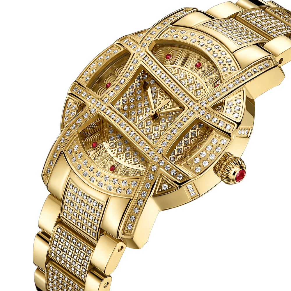 The JBW Olympia PS | PS510A is an 18K gold-plated diamond watch with red gem accents, a geometric face and bracelet, and a striking grid pattern over the dial for added luxury.