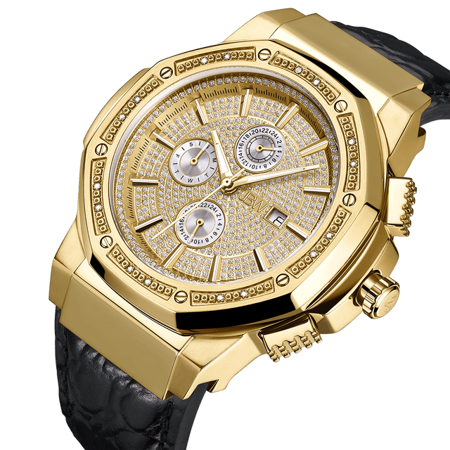 Celebrate the Saxon 10 Year Anniversary with the JBW Saxon 10 YR | JB-6101L-10A: a gold watch with textured face, three subdials, date display, crystal accents, genuine leather strap, and detailed bezel.