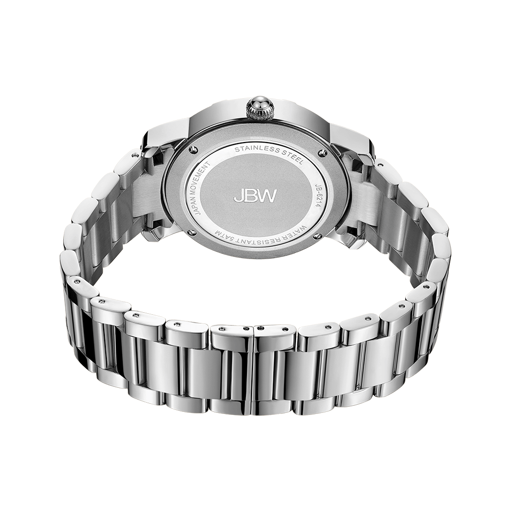 The Olympia 10 YR | JB-6214-10C by JBW Watches features a polished round stainless steel case, metal link band, and JBW branding engraved on the back, shown from the rear for a refined Olympia collection look.