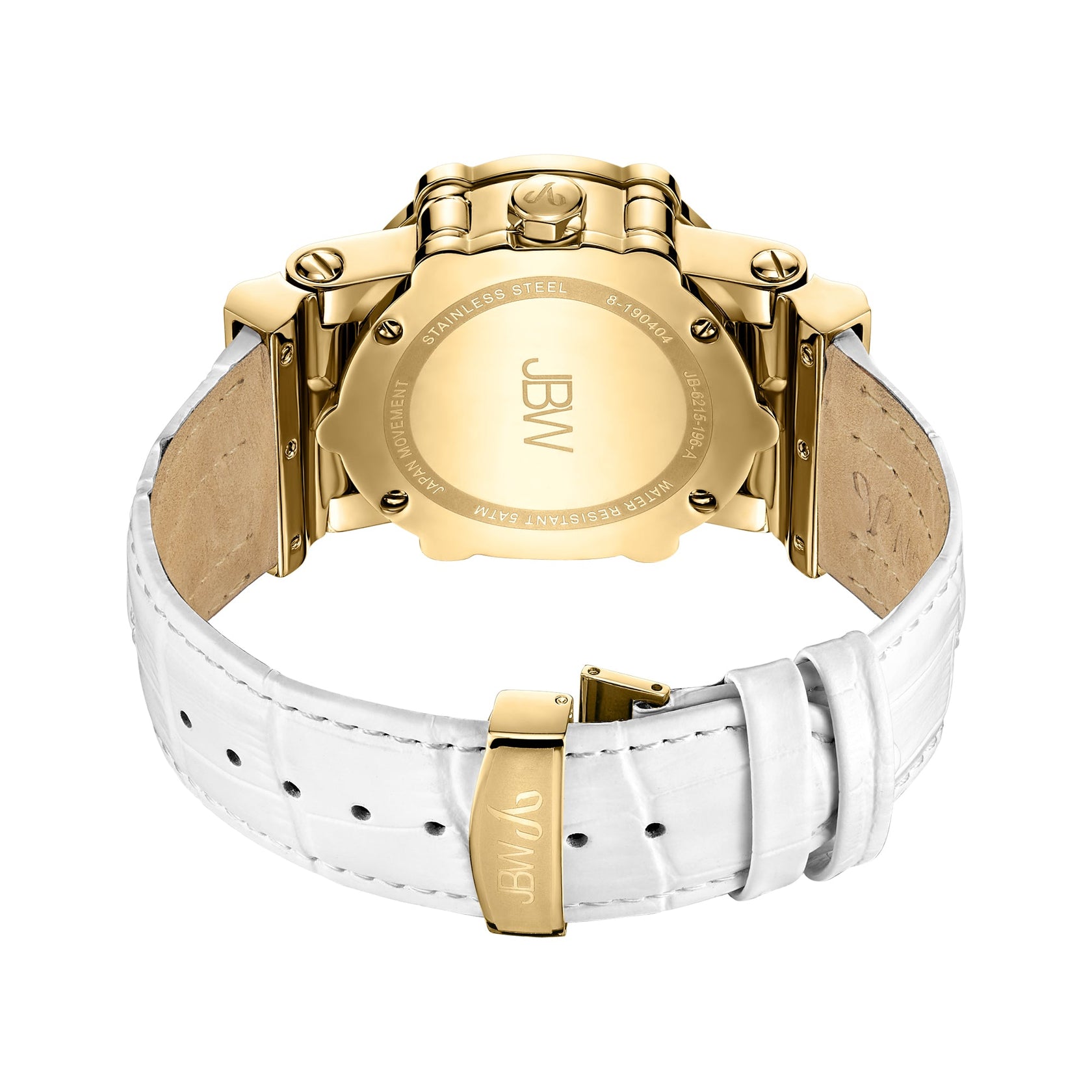 The JBW Watches Phantom | JB-6215-196-A is a gold wristwatch with a white leather band, shown from the back. The case back is engraved with the JBW logo and indicates stainless steel and water resistance.