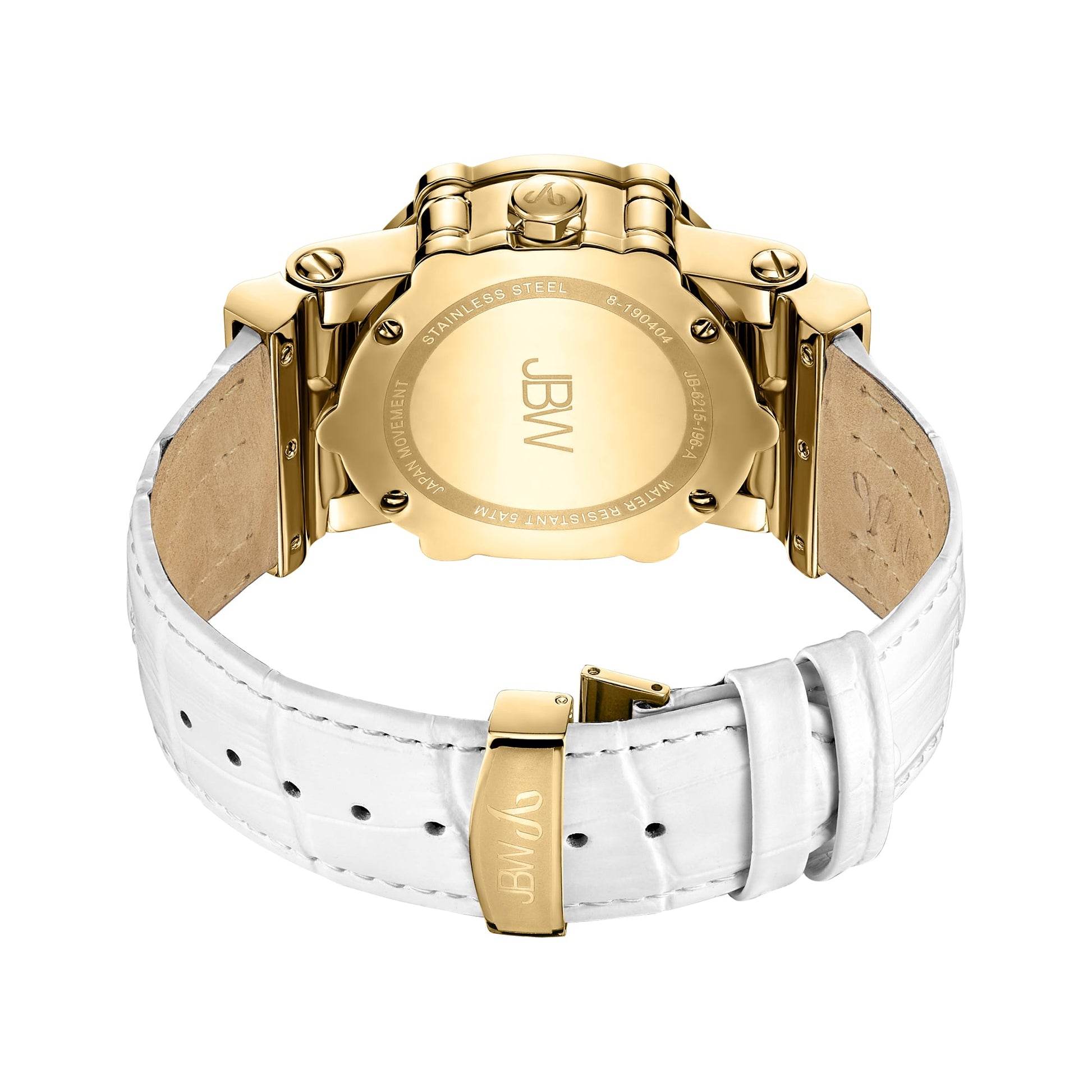 The JBW Watches Phantom | JB-6215-196-A is a gold wristwatch with a white leather band, shown from the back. The case back is engraved with the JBW logo and indicates stainless steel and water resistance.