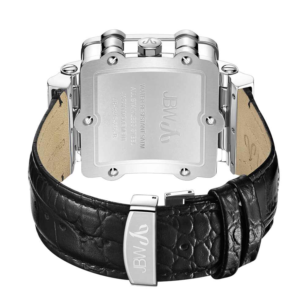 Close-up of the back of the JBW Phantom | JB-6215-238-B, featuring a square silver case, metal accents, and a black crocodile-embossed leather strap. The JBW brand name and logo are displayed on the clasp and case back.