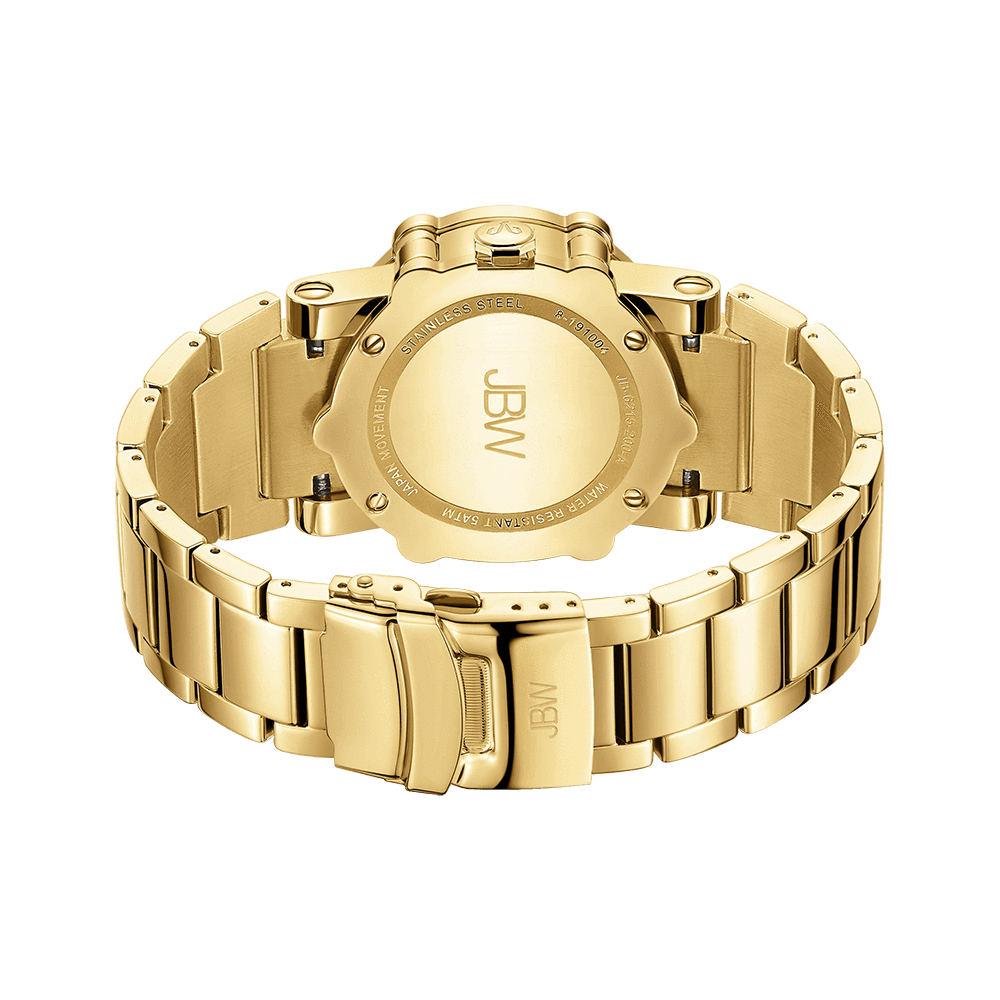 The JBW Phantom Metal (JB-6215-200-A) gold luxury watch features a polished stainless steel bracelet, shown from the back to display the engraved JBW branding on the case and clasp against a neutral background.