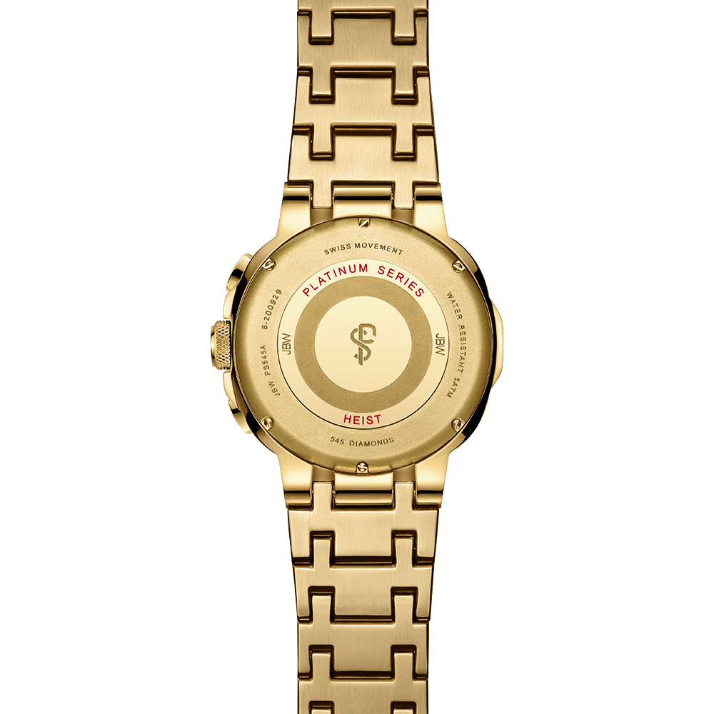 The Heist PS | PS545A by JBW Watches features a gold-plated stainless steel link band, PLATINUM SERIES and HEIST engraved in red, SWISS MOVEMENT, and 5.45 diamonds—a true diamond bezel watch for collectors.